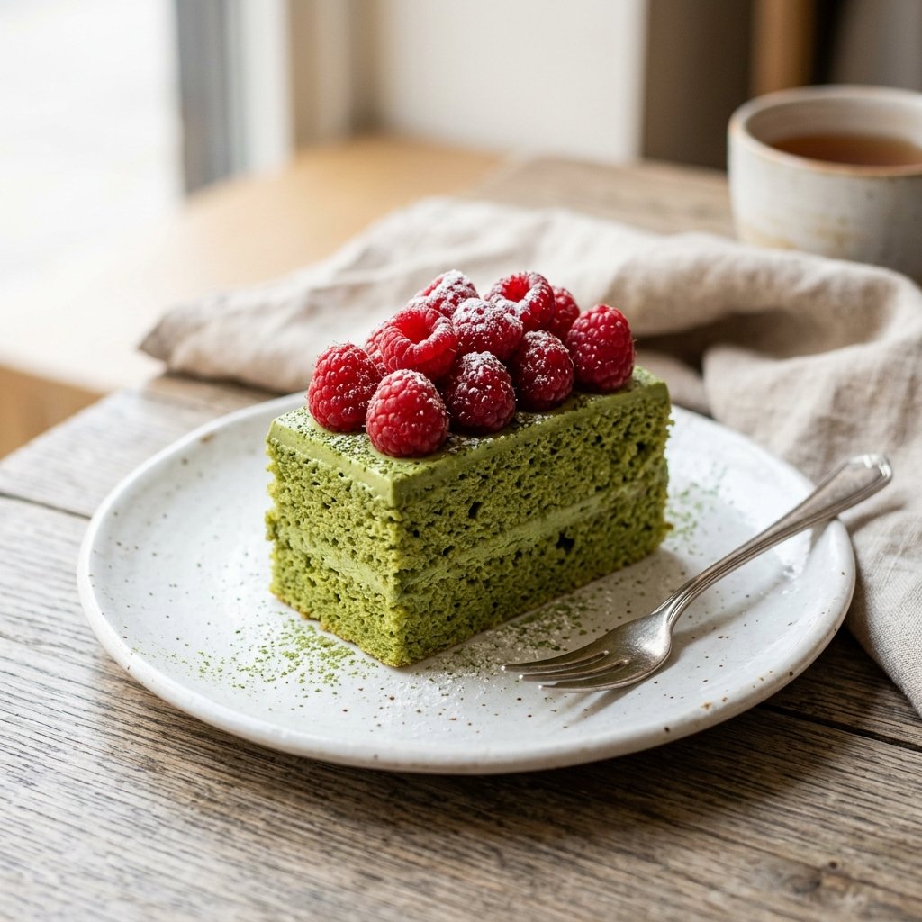 Bolo de Matcha com Framboesa